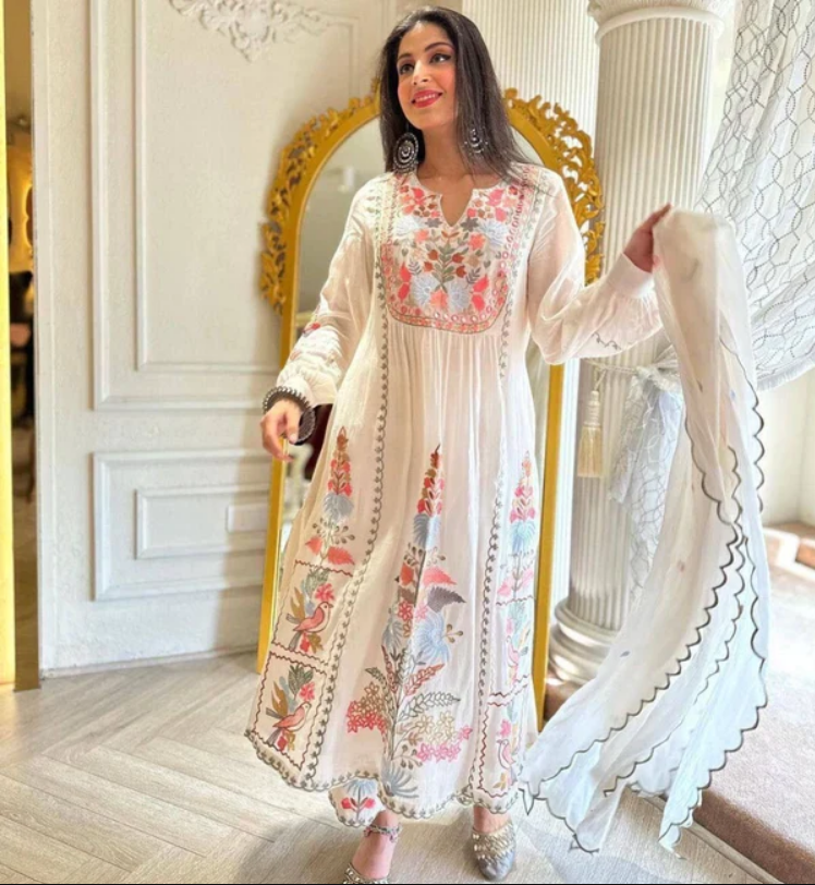 Heavy White Pakistani Three-Piece Fancy Suit with Dupatta