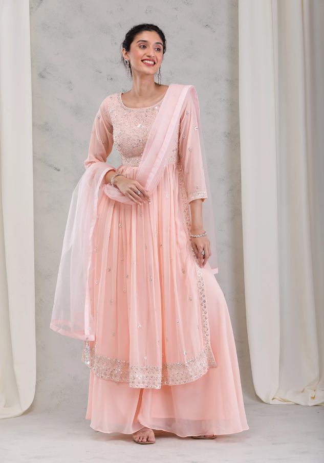 Peach Threadwork Georgette Readymade Salwar Suit