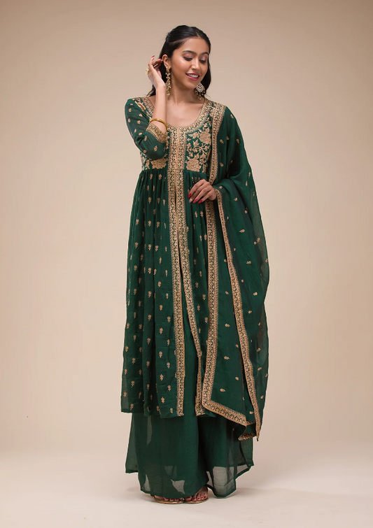 Bottle Green Zariwork Raw Silk Readymade Salwar Suit