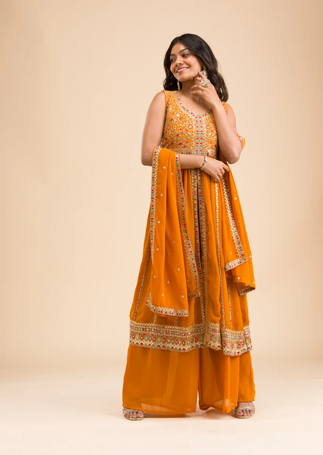 Mustard Zariwork Georgette Readymade Salwar Suit