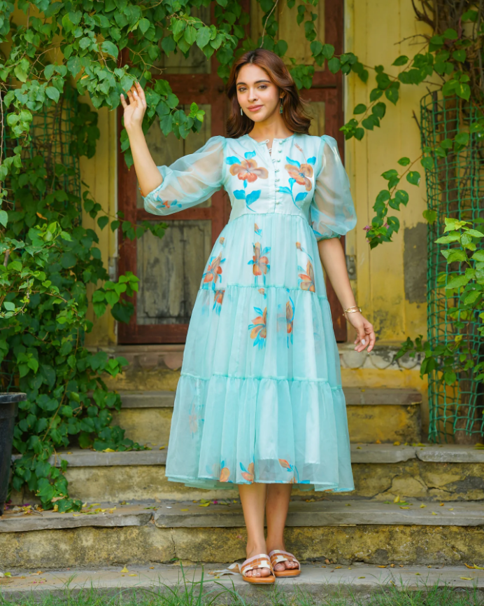 Turquoise Handpainted Floral Dress – Elegant & Artistic