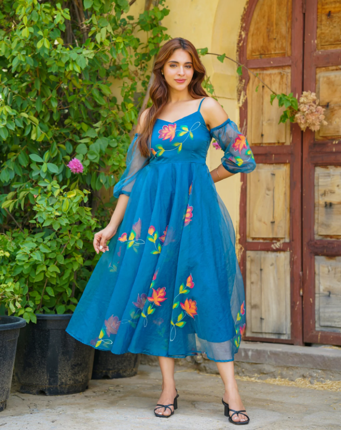 Teal Blue Handpainted Floral Dress – Artistic & Graceful