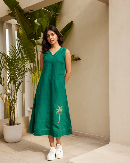 Solid Green Pure Linen Dress – Classic & Comfortable