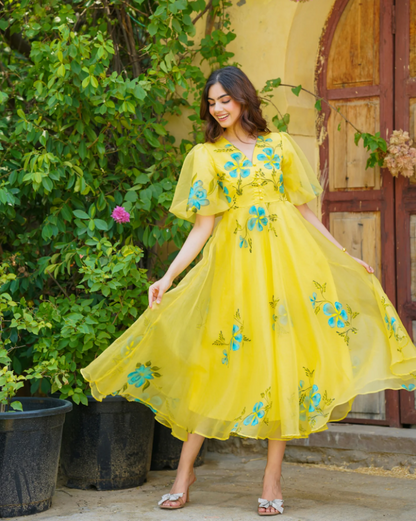 Yellow Handpainted Floral Dress – Artistic & Radiant