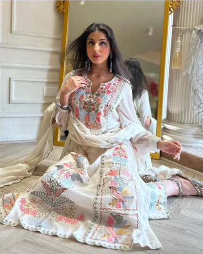 Heavy White Pakistani Three-Piece Fancy Suit with Dupatta