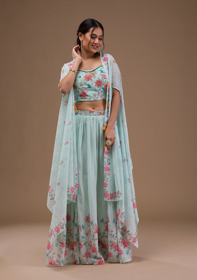 Sea Green Printed Georgette Readymade Lehenga