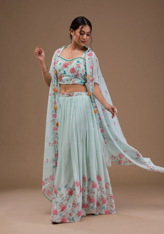 Sea Green Printed Georgette Readymade Lehenga