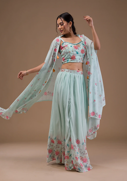 Sea Green Printed Georgette Readymade Lehenga