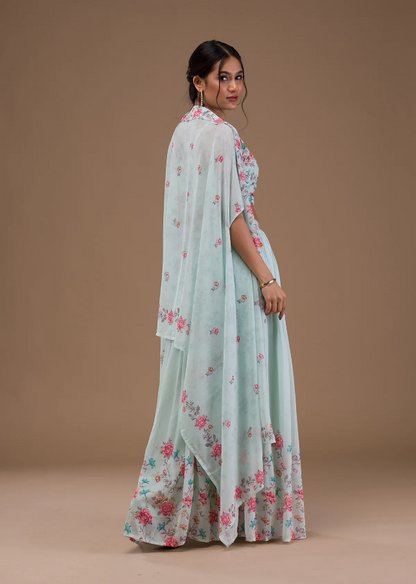 Sea Green Printed Georgette Readymade Lehenga