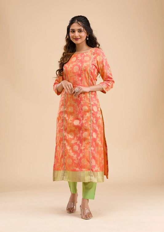 Orange Banarasi Cotton Readymade Salwar Suit