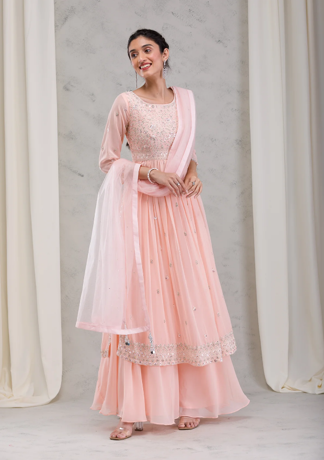 Peach Threadwork Georgette Readymade Salwar Suit