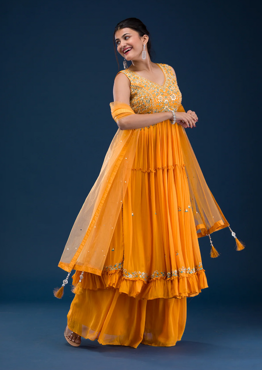 Mustard Mirrorwork Georgette Readymade Anarkali Suit