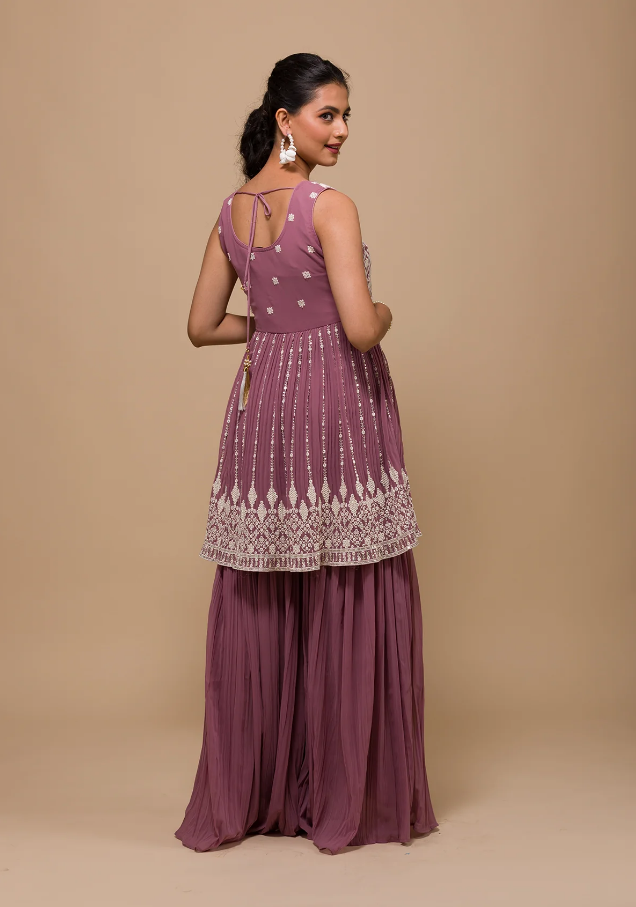 Mauve Threadwork Georgette Readymade Sharara Suit