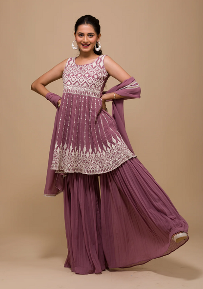 Mauve Threadwork Georgette Readymade Sharara Suit