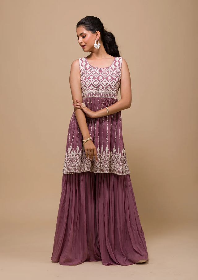 Mauve Threadwork Georgette Readymade Sharara Suit