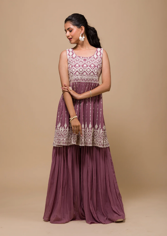 Mauve Threadwork Georgette Readymade Sharara Suit