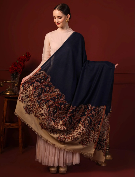 Women's Soft Navy Blue Woven Design Shawl