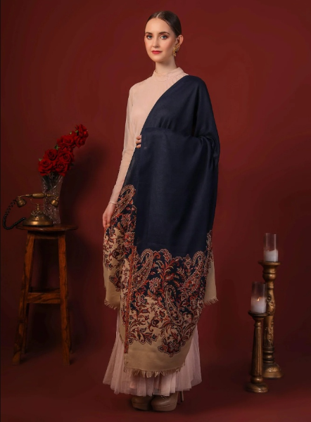 Women's Soft Navy Blue Woven Design Shawl