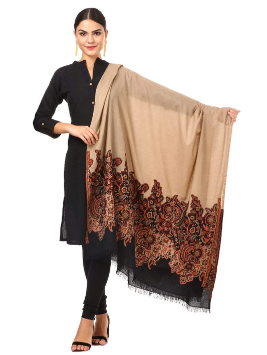 Woman's Floral Jacquard Twin-Colored Shawl - Black & Beige