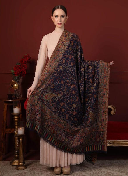 Woman's Faux Pashmina Ethnic Weave Shawl - Navy Blue