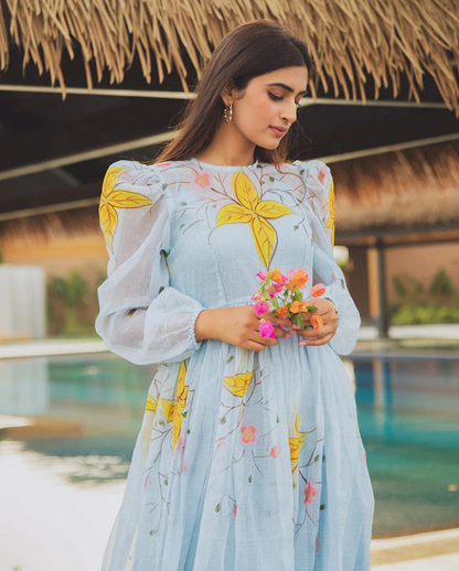 Blue Lilies Handpainted Doria Dress – Artistic & Ethereal