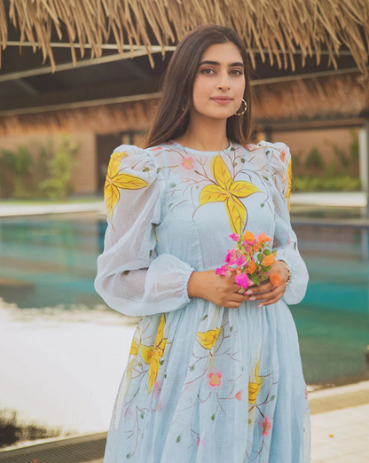 Blue Lilies Handpainted Doria Dress – Artistic & Ethereal