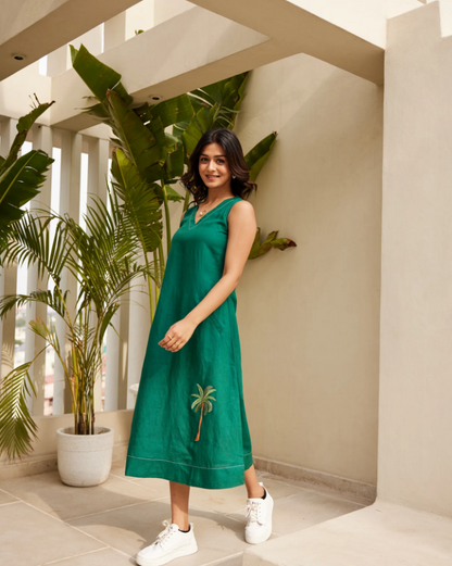 Solid Green Pure Linen Dress – Classic & Comfortable