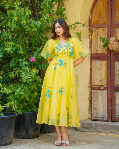 Yellow Handpainted Floral Dress – Artistic & Radiant