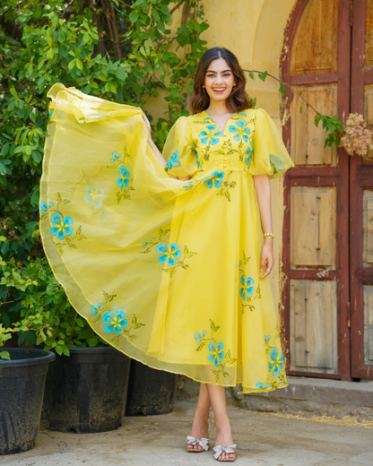 Yellow Handpainted Floral Dress – Artistic & Radiant