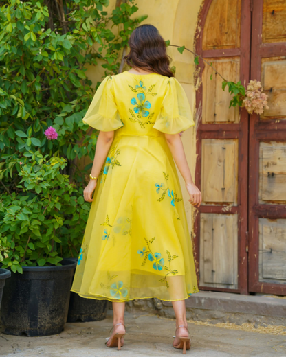 Yellow Handpainted Floral Dress – Artistic & Radiant