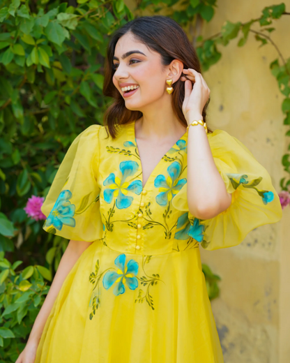 Yellow Handpainted Floral Dress – Artistic & Radiant