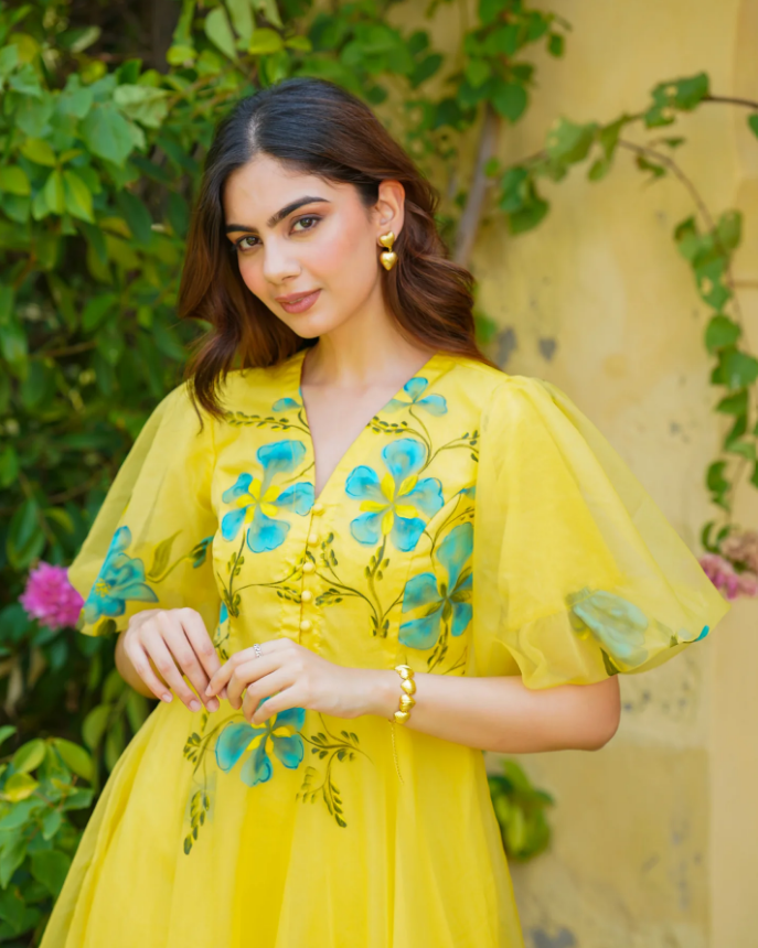 Yellow Handpainted Floral Dress – Artistic & Radiant