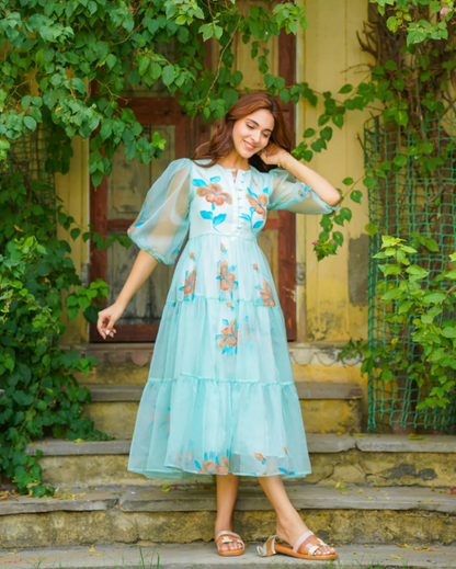 Turquoise Handpainted Floral Dress – Elegant & Artistic