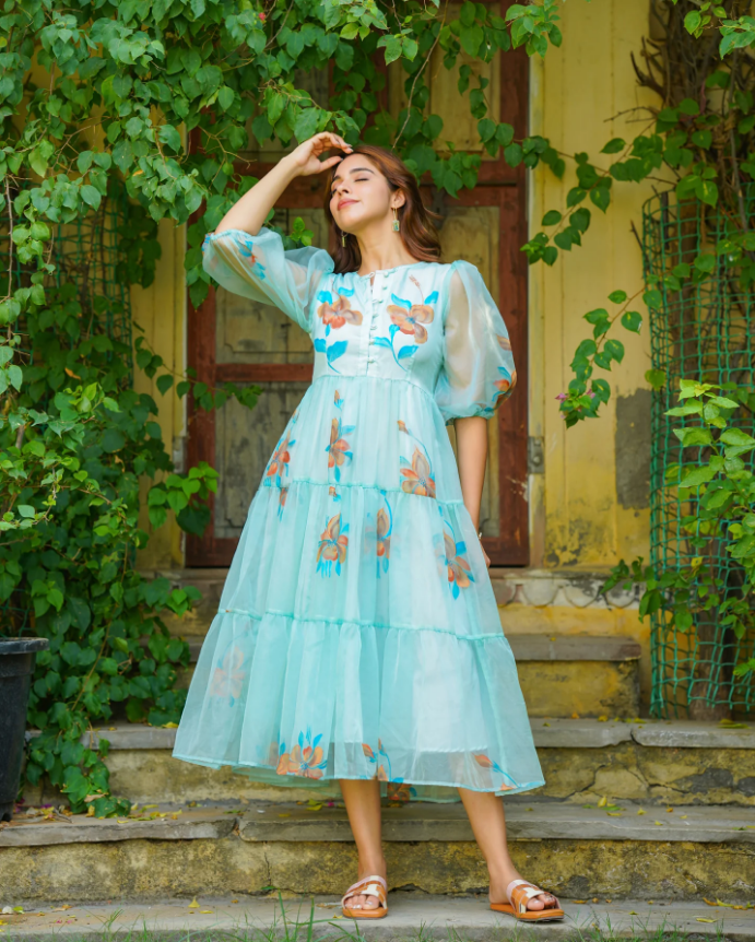 Turquoise Handpainted Floral Dress – Elegant & Artistic