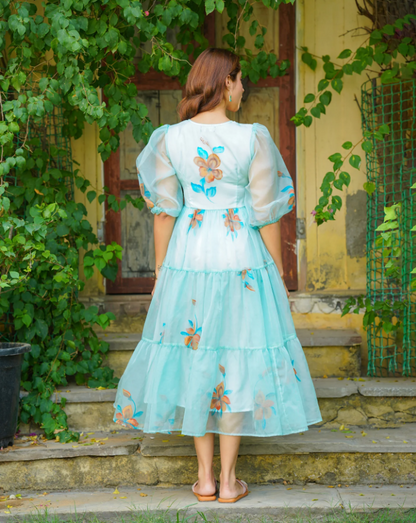 Turquoise Handpainted Floral Dress – Elegant & Artistic