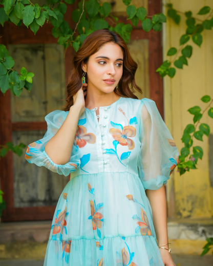 Turquoise Handpainted Floral Dress – Elegant & Artistic