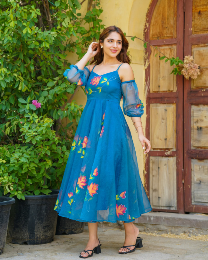 Teal Blue Handpainted Floral Dress – Artistic & Graceful