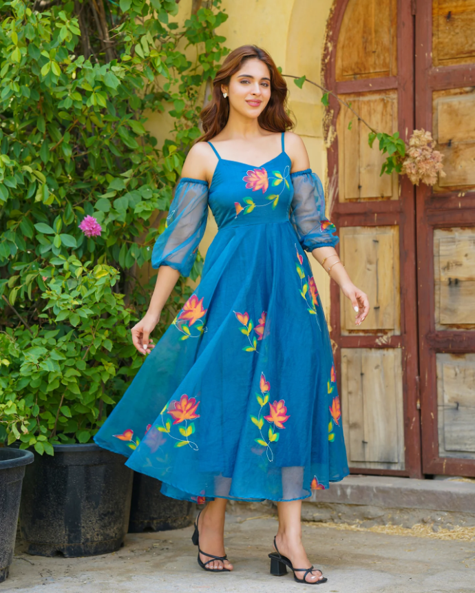 Teal Blue Handpainted Floral Dress – Artistic & Graceful