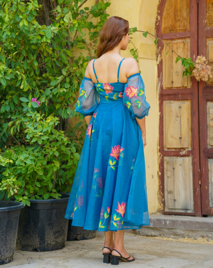 Teal Blue Handpainted Floral Dress – Artistic & Graceful